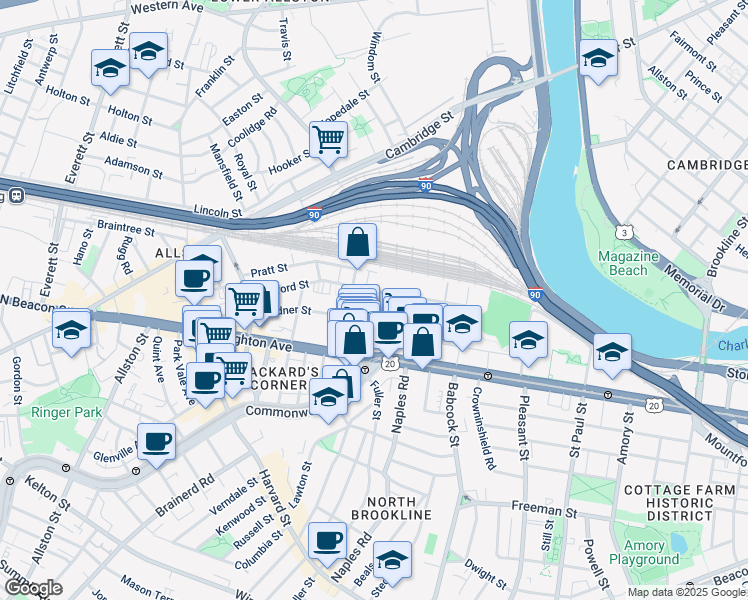 map of restaurants, bars, coffee shops, grocery stores, and more near 69 Ashford Street in Boston