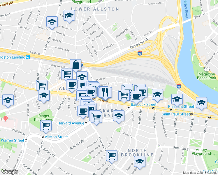 map of restaurants, bars, coffee shops, grocery stores, and more near in Boston