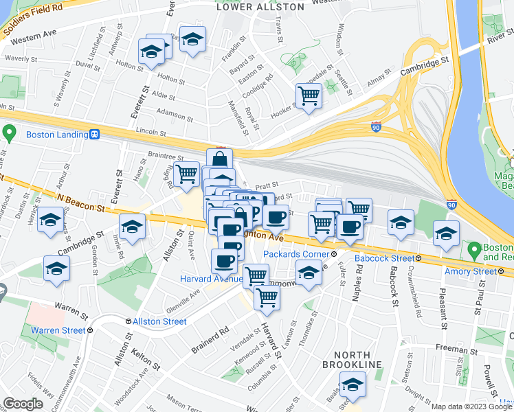 map of restaurants, bars, coffee shops, grocery stores, and more near 44 Linden Street in Boston