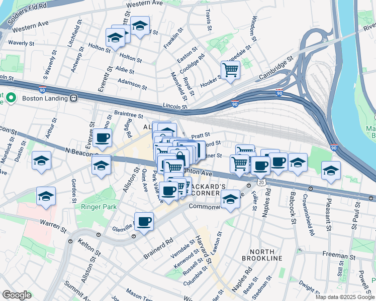 map of restaurants, bars, coffee shops, grocery stores, and more near 44 Linden Street in Boston