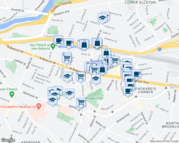 map of restaurants, bars, coffee shops, grocery stores, and more near in Boston