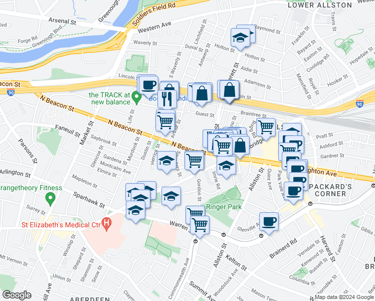 map of restaurants, bars, coffee shops, grocery stores, and more near 61 North Beacon Street in Boston