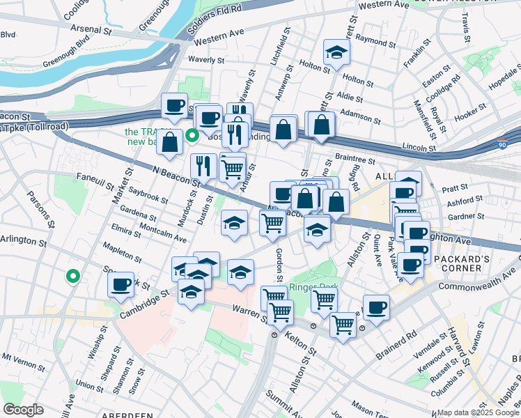 map of restaurants, bars, coffee shops, grocery stores, and more near 68 Saunders Street in Boston