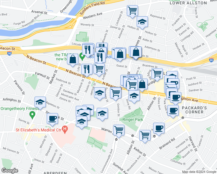 map of restaurants, bars, coffee shops, grocery stores, and more near 68 Saunders Street in Boston