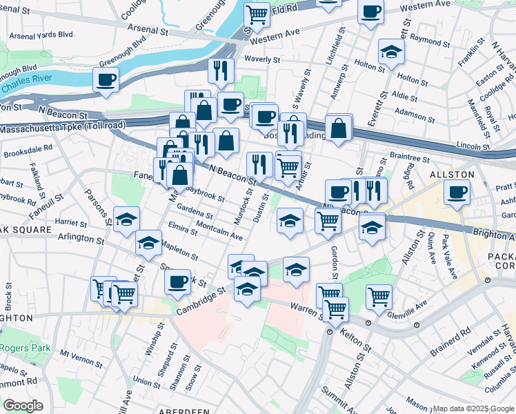 map of restaurants, bars, coffee shops, grocery stores, and more near 104 Dustin Street in Boston