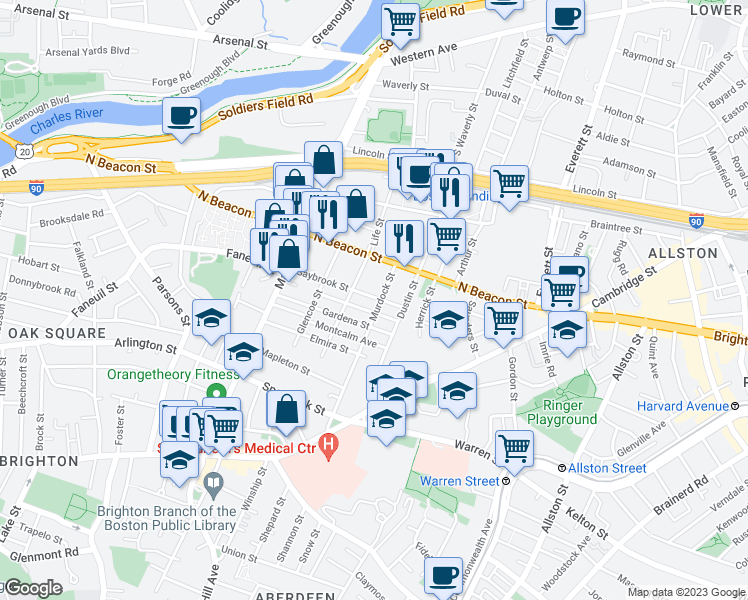 map of restaurants, bars, coffee shops, grocery stores, and more near 55 Saybrook Street in Boston