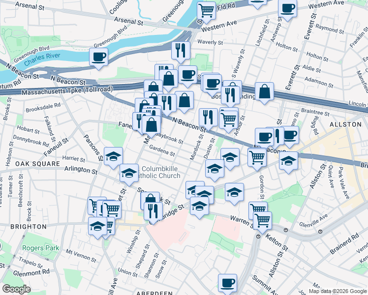 map of restaurants, bars, coffee shops, grocery stores, and more near 55 Saybrook Street in Boston