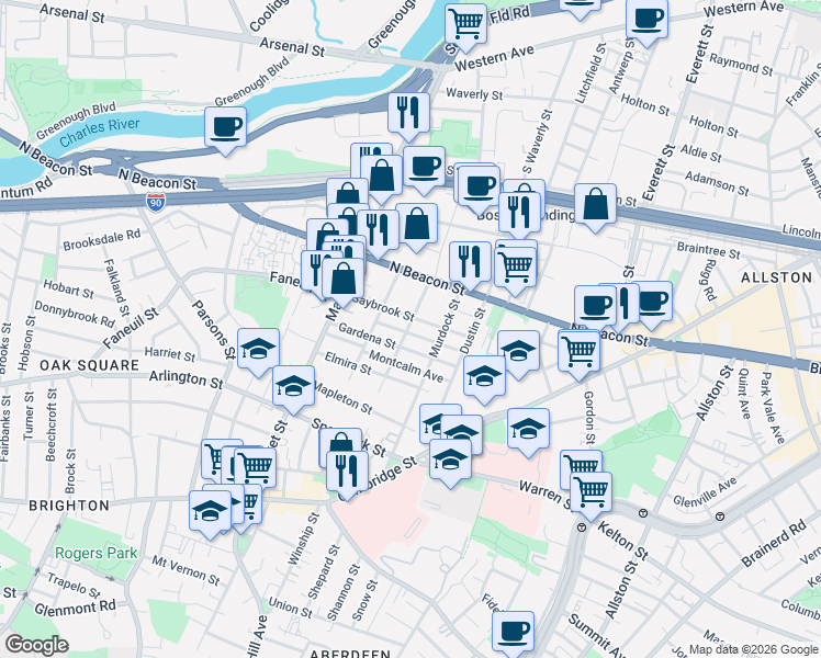 map of restaurants, bars, coffee shops, grocery stores, and more near 55 Saybrook Street in Boston