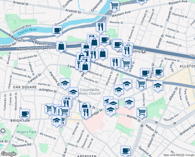 map of restaurants, bars, coffee shops, grocery stores, and more near in Boston