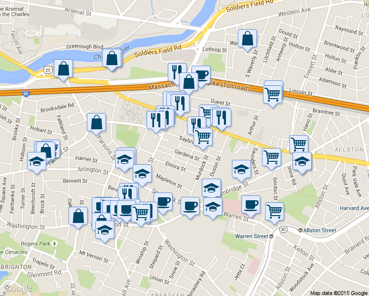 map of restaurants, bars, coffee shops, grocery stores, and more near in Boston