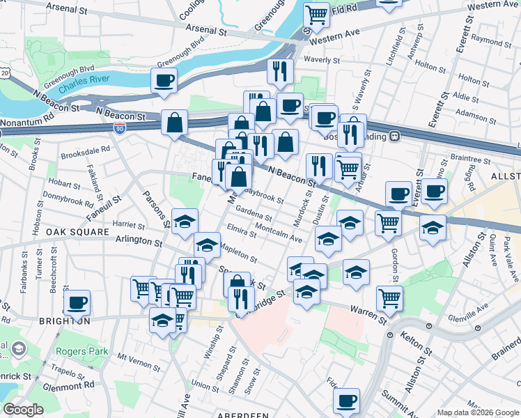 map of restaurants, bars, coffee shops, grocery stores, and more near in Boston