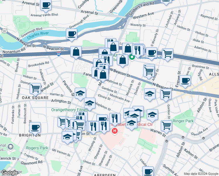 map of restaurants, bars, coffee shops, grocery stores, and more near 14-16 Gardena Street in Boston