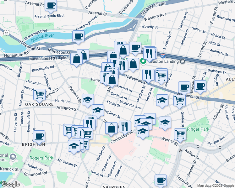 map of restaurants, bars, coffee shops, grocery stores, and more near 14-16 Gardena Street in Boston