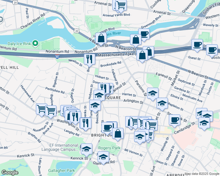 map of restaurants, bars, coffee shops, grocery stores, and more near 17 Newcastle Road in Boston