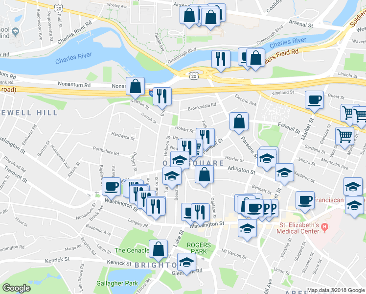 map of restaurants, bars, coffee shops, grocery stores, and more near 17 Newcastle Road in Boston