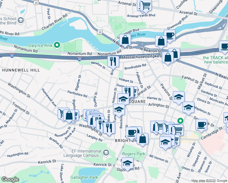 map of restaurants, bars, coffee shops, grocery stores, and more near 43 Newcastle Road in Boston