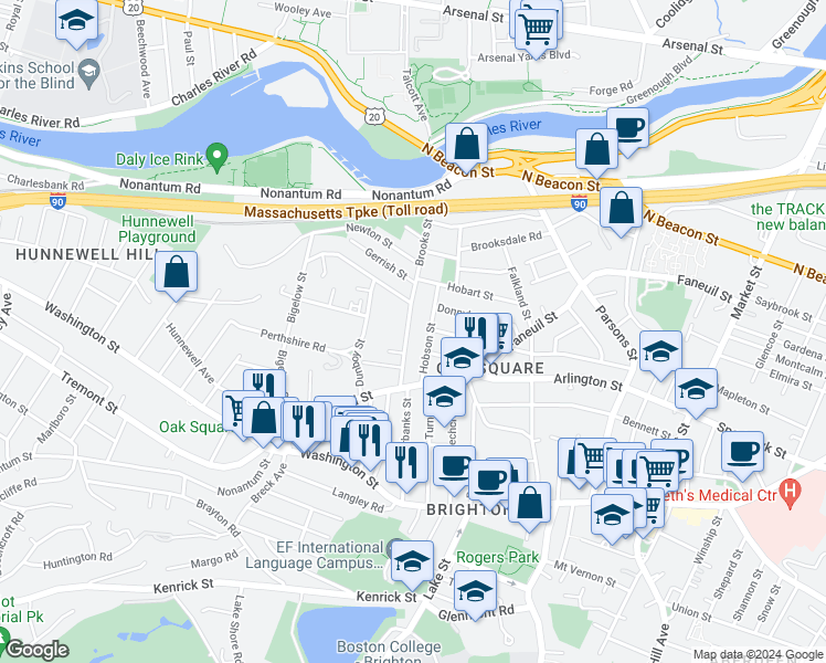map of restaurants, bars, coffee shops, grocery stores, and more near 103 Brooks Street in Boston