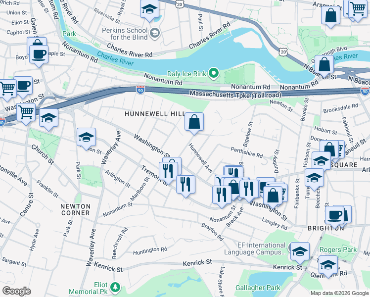 map of restaurants, bars, coffee shops, grocery stores, and more near 82 Hunnewell Avenue in Boston