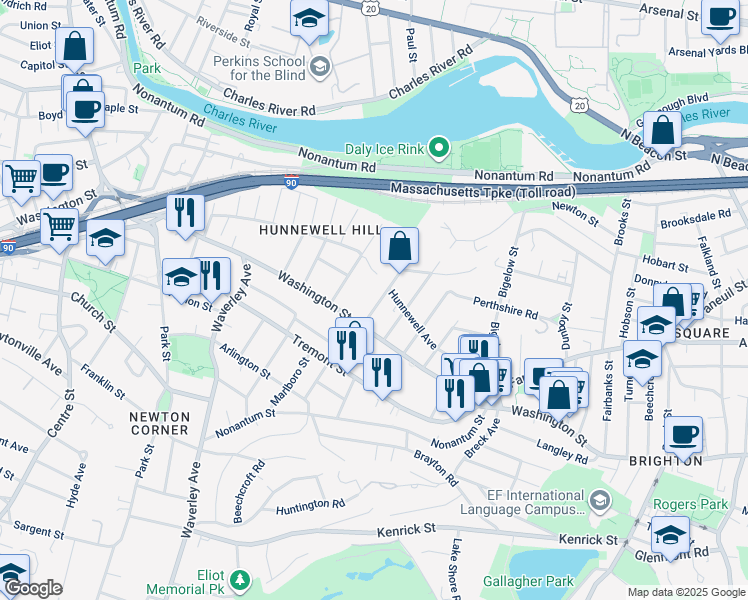 map of restaurants, bars, coffee shops, grocery stores, and more near 14 Burton Street in Boston