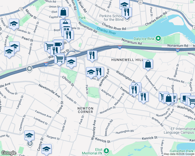 map of restaurants, bars, coffee shops, grocery stores, and more near 45 Waverley Avenue in Newton