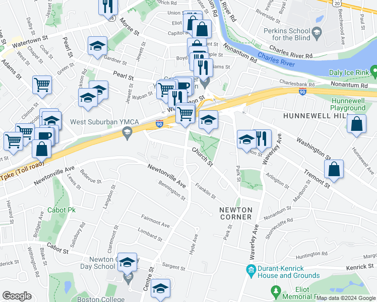 map of restaurants, bars, coffee shops, grocery stores, and more near 148 Church Street in Newton