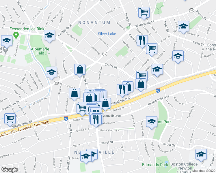 map of restaurants, bars, coffee shops, grocery stores, and more near 25 Turner Terrace in Newton