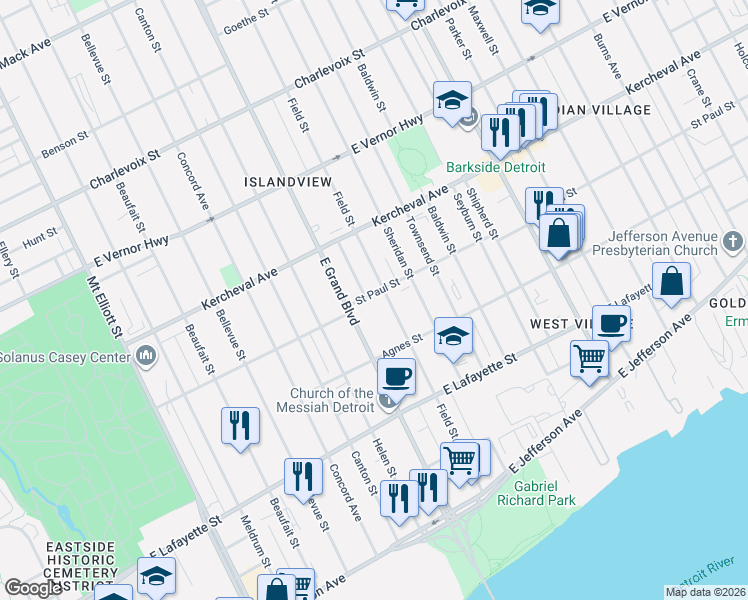 map of restaurants, bars, coffee shops, grocery stores, and more near 7227 Saint Paul Street in Detroit