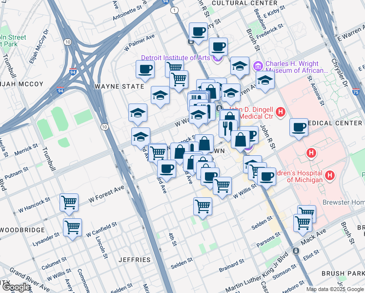 map of restaurants, bars, coffee shops, grocery stores, and more near 473 West Hancock Street in Detroit
