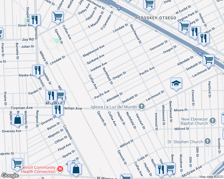 map of restaurants, bars, coffee shops, grocery stores, and more near 5407 Pacific Avenue in Detroit