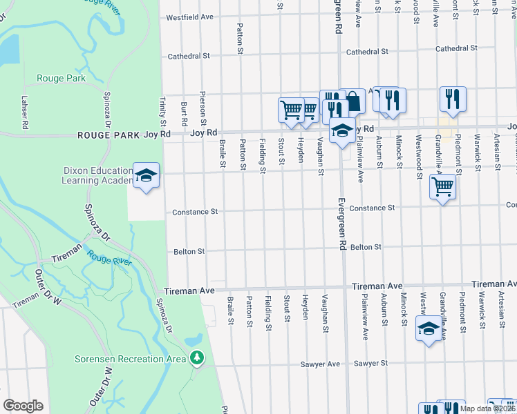 map of restaurants, bars, coffee shops, grocery stores, and more near 8401 Fielding Street in Detroit
