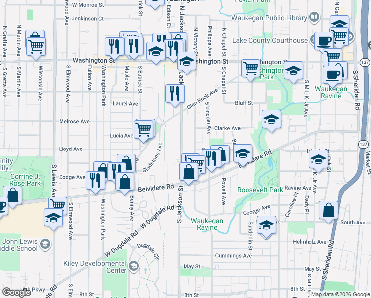 map of restaurants, bars, coffee shops, grocery stores, and more near 335 South Jackson Street in Waukegan