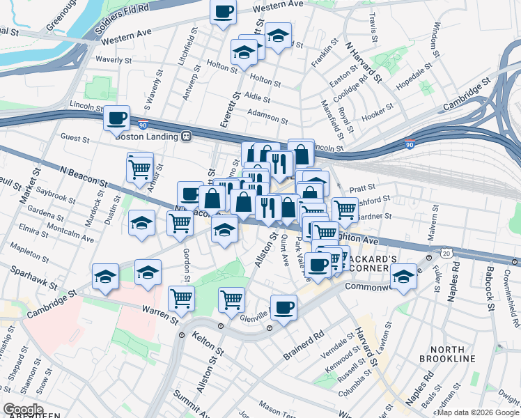 map of restaurants, bars, coffee shops, grocery stores, and more near 448 Cambridge Street in Boston