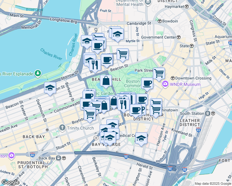 map of restaurants, bars, coffee shops, grocery stores, and more near 0 Charles Street in Boston