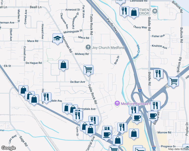 map of restaurants, bars, coffee shops, grocery stores, and more near 2576 Table Rock Road in Medford