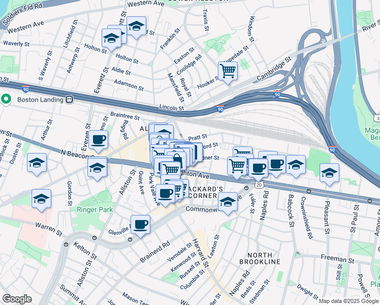 map of restaurants, bars, coffee shops, grocery stores, and more near 44 Linden Street in Boston