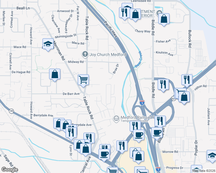 map of restaurants, bars, coffee shops, grocery stores, and more near 2718 Brae Drive in Medford
