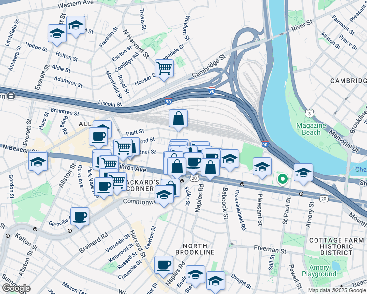 map of restaurants, bars, coffee shops, grocery stores, and more near 40 Malvern Street in Boston