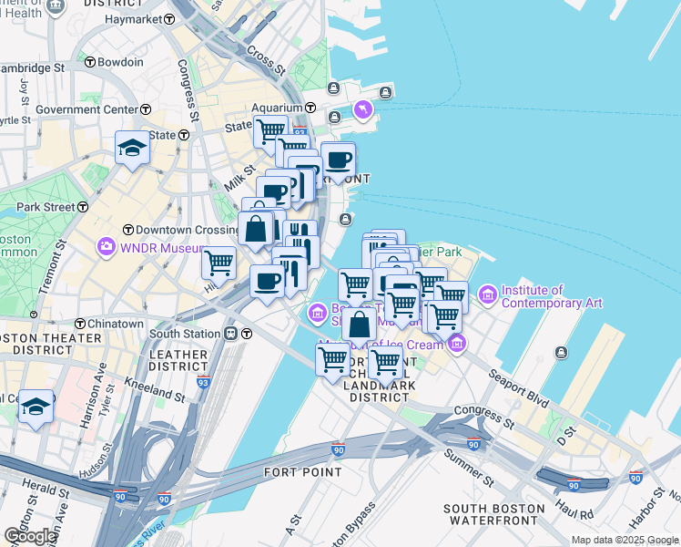 map of restaurants, bars, coffee shops, grocery stores, and more near 470 Atlantic Avenue in Boston