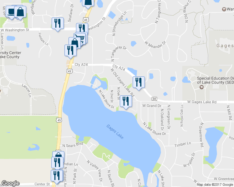 map of restaurants, bars, coffee shops, grocery stores, and more near 33802 North Oak Street in Grayslake