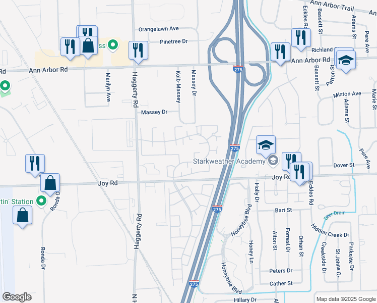 map of restaurants, bars, coffee shops, grocery stores, and more near 40219 Newport Drive in Plymouth