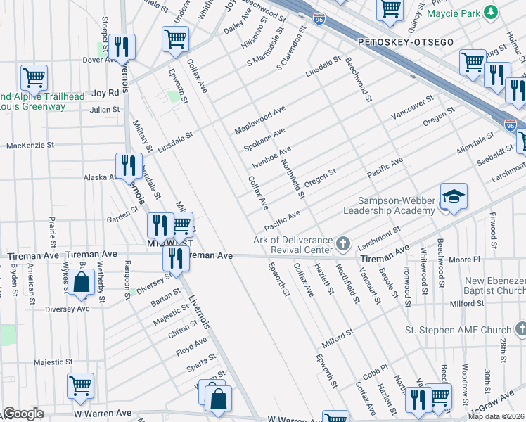 map of restaurants, bars, coffee shops, grocery stores, and more near 7751 Colfax Avenue in Detroit
