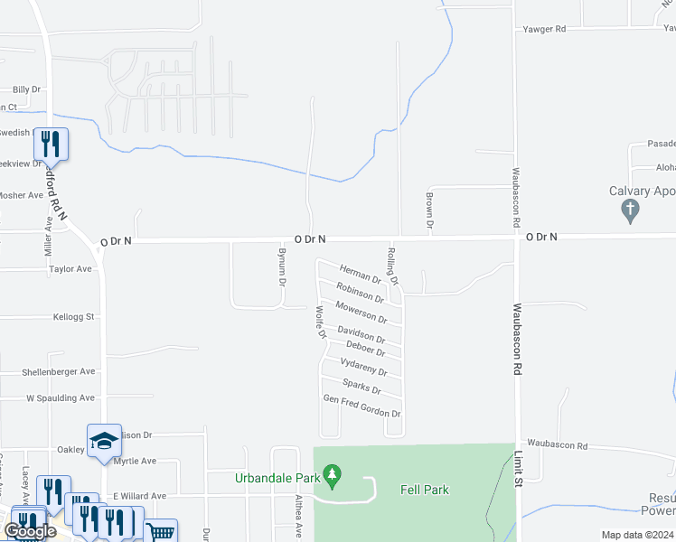 map of restaurants, bars, coffee shops, grocery stores, and more near 40 Herman Drive in Battle Creek