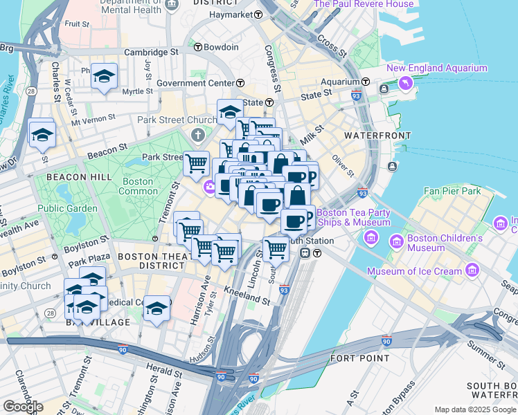 map of restaurants, bars, coffee shops, grocery stores, and more near in Boston