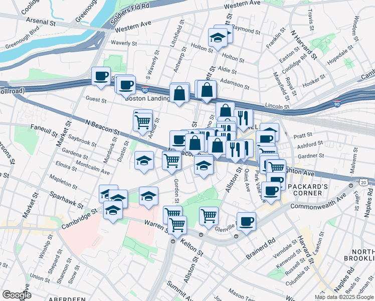 map of restaurants, bars, coffee shops, grocery stores, and more near 37 North Beacon Street in Boston