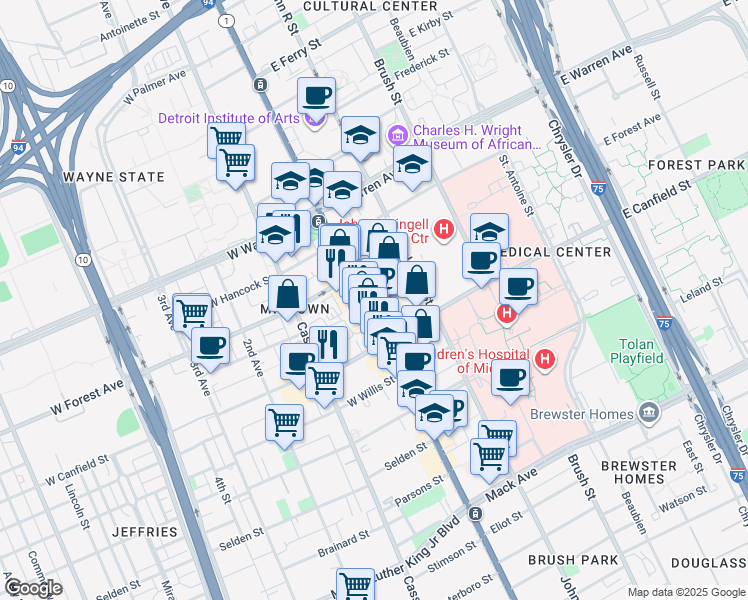 map of restaurants, bars, coffee shops, grocery stores, and more near 4600 Woodward Avenue in Detroit
