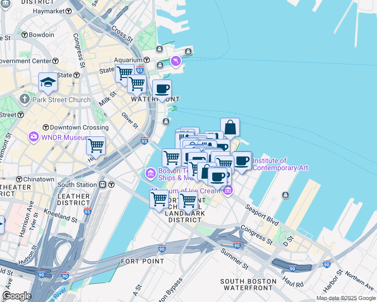 map of restaurants, bars, coffee shops, grocery stores, and more near 4 Northern Avenue in Boston