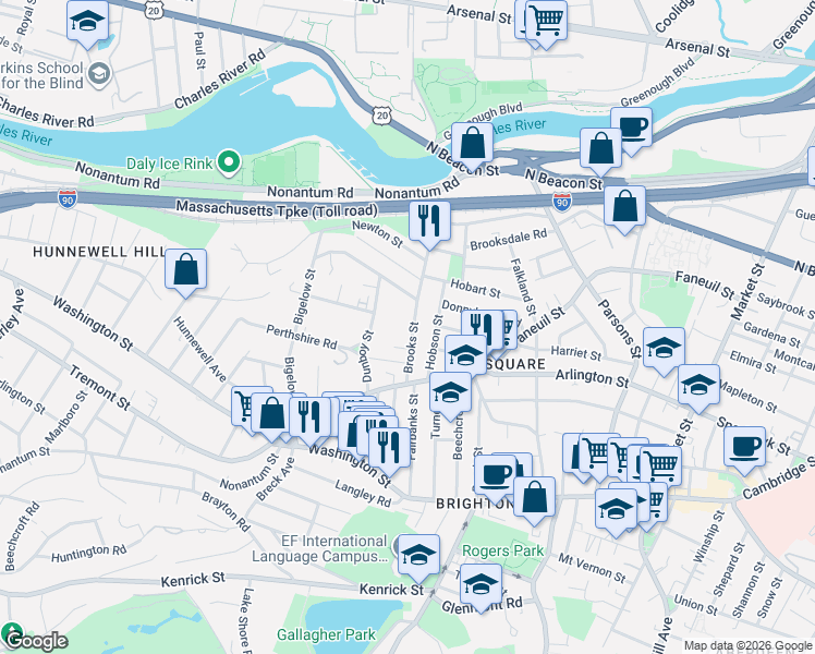 map of restaurants, bars, coffee shops, grocery stores, and more near 99 Brooks Street in Boston