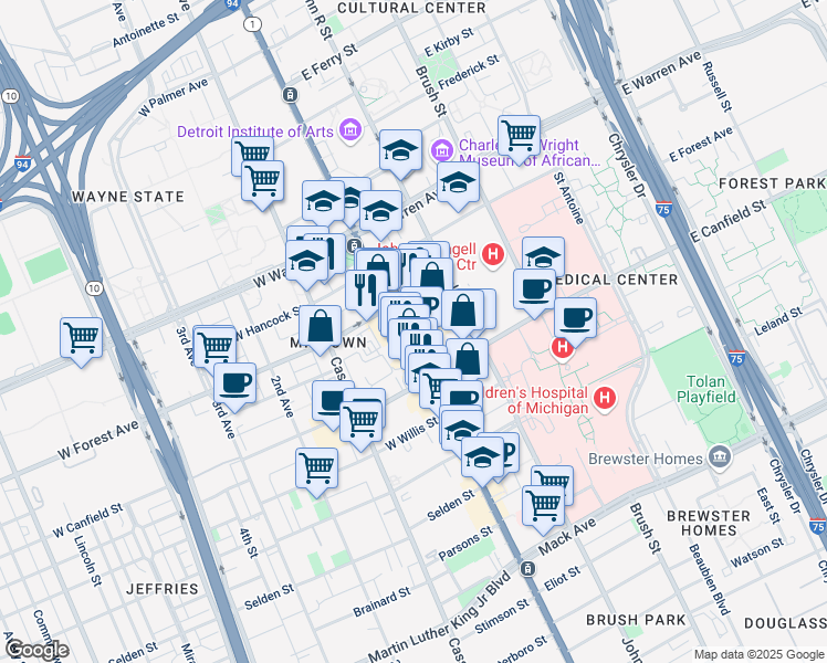 map of restaurants, bars, coffee shops, grocery stores, and more near 4612 Woodward Avenue in Detroit