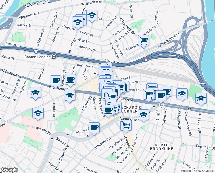 map of restaurants, bars, coffee shops, grocery stores, and more near 9 Farrington Avenue in Boston