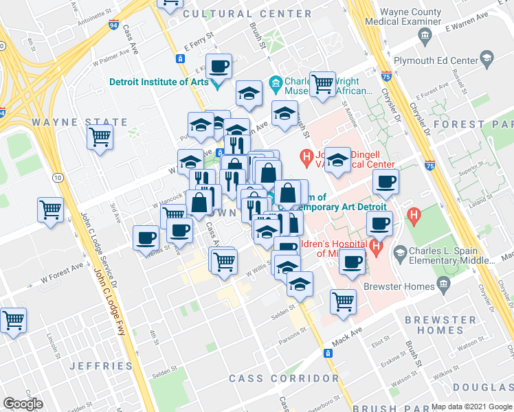 map of restaurants, bars, coffee shops, grocery stores, and more near 4612 Woodward Avenue in Detroit